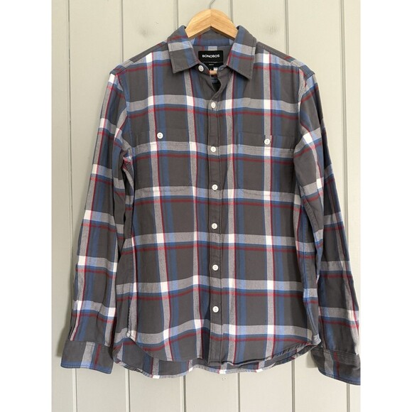 Bonobos Flannel Shirt M Medium Gray Blue Red Plaid Stretch Slim Fit Button Up - Picture 1 of 9